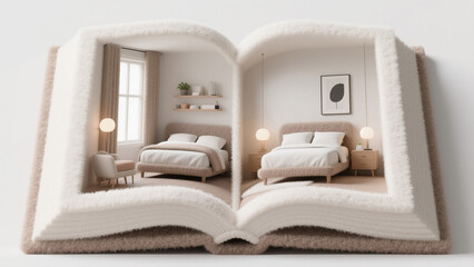 Creative 3D Illustration: Open Book Revealing Modern Bedroom - Abstract Commercial Background with Felt Texture. Innovative Design for Posters, Book Covers, and Interior Concepts. Blending Literature 