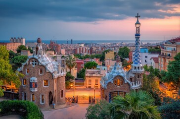 Obraz premium Barcelona park at sunset, city views