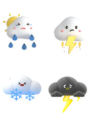 An expressive set of cute cartoon cloud weather icons showing various sad and angry emotions, reflecting conditions like rain, lightning, snow, and dark clouds.