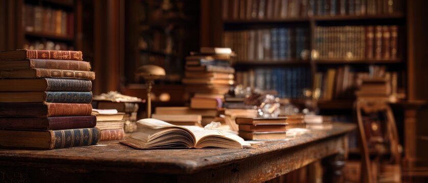 The antique wooden desk adorned with books in a cozy library setting.