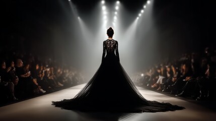A model walks down a brightly lit runway in a dramatic black gown, captivating the audience with her elegant and glamorous presence during a highfashion show