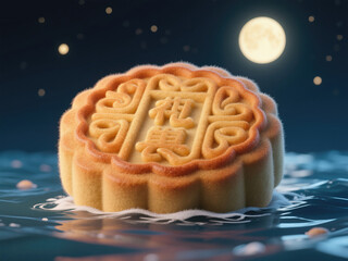 Surreal Mid-Autumn Festival Concept: Giant Mooncake Floating on Moonlit Sea. Creative 3D Illustration with Felt Texture for Commercial Backgrounds, Storytelling, and Cultural Celebrations. Innovative 