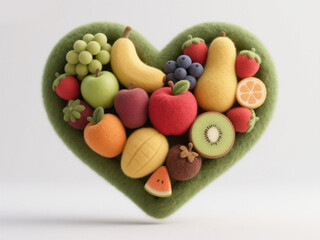 Organic Fruit Heart: Creative 3D Illustration for Agriculture and Healthy Living. Innovative Felt Texture Design Showcasing Heart-Shaped Fruit Arrangement on White Background. Perfect for Commercial A