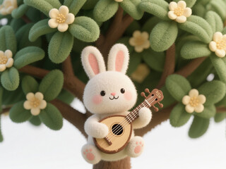 Whimsical Forest Melody: Adorable Rabbit Playing Pipa in 3D Felt-Textured Illustration. Creative Animal Art for Children's Books, Posters, and Healing Designs on White Background. Enchanting Storytell