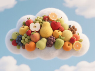 Floating Fruit Cloud: Innovative 3D Illustration for Organic Agriculture. Creative Felt-Textured Design with Fruit-Shaped Cloud in Sky. Ideal for Commercial Ads, Book Covers, and Wellness Campaigns on
