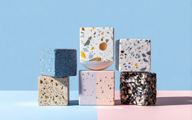 Samples of modern colourful terrazzo material on blue-pink background