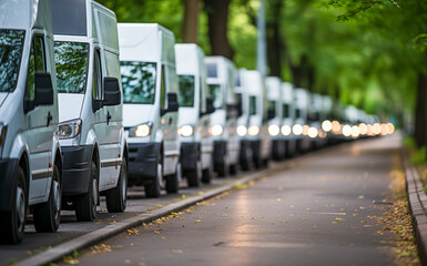 A row of commercial vans in a traffic jam