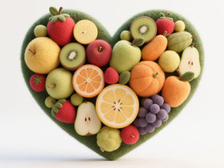 Organic Fruit Heart: Creative 3D Illustration for Agriculture and Healthy Living. Innovative Felt Texture Design Showcasing Heart-Shaped Fruit Arrangement on White Background. Perfect for Commercial A