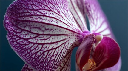 Beautiful orchid with intricate purple patterns displayed against a soft blue background in a close-up view