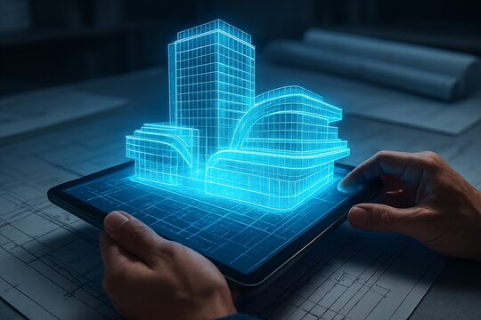 Architect using a tablet with a hologram of a modern building design for a new construction project, showcasing the future of architectural visualization