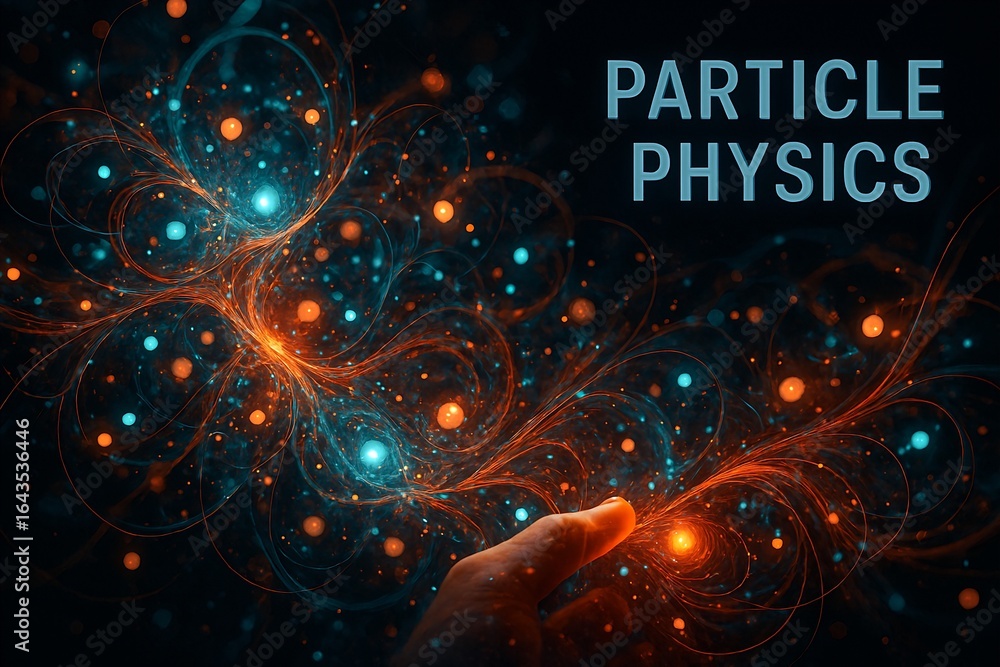 Poster a hand interacts with vibrant and dynamic particle physics, showcasing the fusion of technology and 