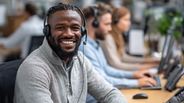 Smiling Man Wears Headset, Working in Call Center Office, Focused Customer Service