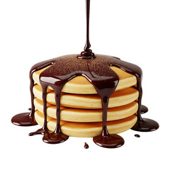 A stack of fluffy pancakes being drizzled with rich chocolate syrup isolated on transparent background