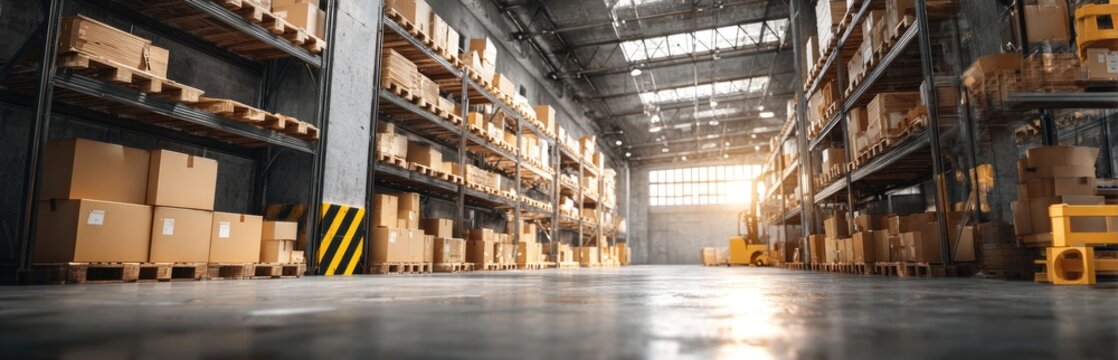 Wide shot of a large warehouse filled with numerous cardboard boxes on metal shelves. Sunlight streams in, illuminating the concrete floor - Powered by Adobe