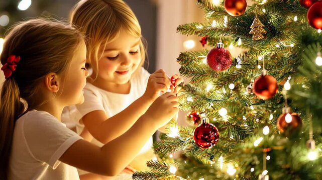 Children decorating a christmas tree with lights and ornaments in a festive holiday setting