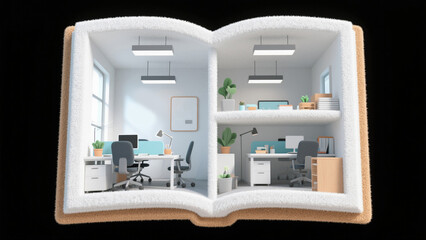Creative 3D Illustration: Open Book Revealing Modern Office Scene. Abstract Commercial Background with Felt Texture for Business Concepts. Innovative Design Element for Corporate Reports, Financial Te