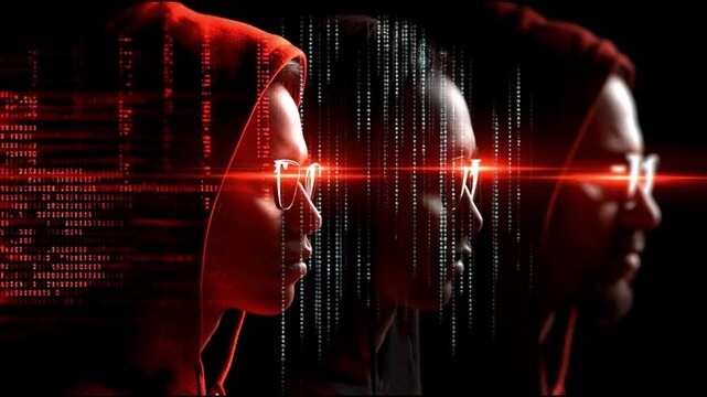 Security engineer vulnerability integration penetration defense. Three individuals in hoodies with glasses against a digital backdrop