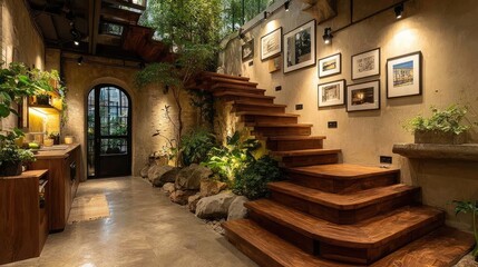 Rustic, lush stairway in a home