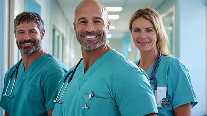 Smiling medical professionals in uniforms highlight teamwork and care in a hospital setting