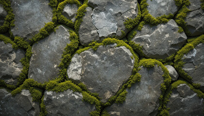 Close up of a stone wall covered with moss creating a natural textured and organic surface pattern