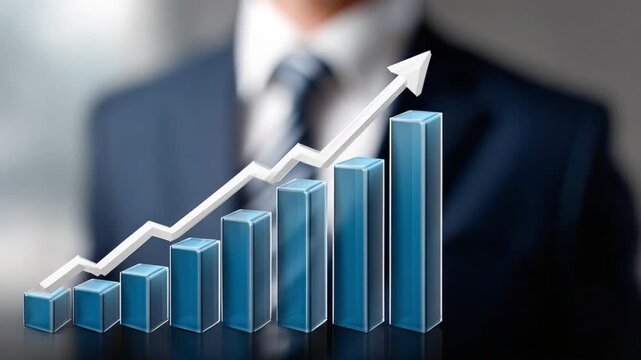 Business Growth Chart: A well-dressed businessperson stands confidently behind a rising bar graph, representing progress and success. The upward arrow symbolizes growth and the pursuit of goals.