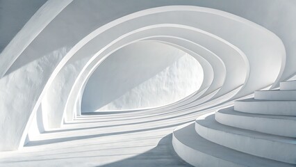 Abstract architectural perspective showcasing smooth white curved surfaces and dramatic light and shadow interplay creating a sense of depth and movement