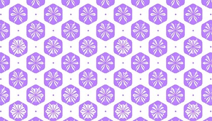 Repeating pattern of purple flowers in hexagons on white background