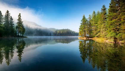 Fototapeta premium calm lake reflects trees in morning mist natural serene vista