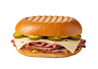 A perfectly prepared medianoche sandwich with golden-brown, grilled sweet egg bread, slow-roasted pork, ham, melted swiss, pickles, mustard, on a transparent background. Delicious gourmet food concept