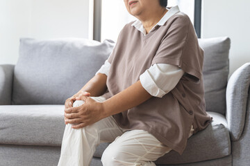 Body arthritis muscles stiff problem, aged woman suffering on leg, pain knee from disease chronic,...