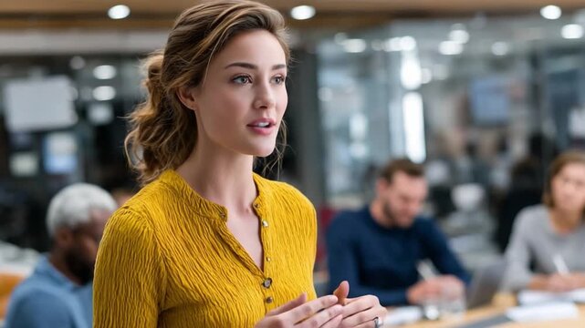 Confident Leadership: An elegant, poised leader delivers a presentation to her team, showcasing her charisma and expertise in a modern office setting. 