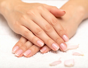 Naklejka premium Beautiful Manicured Hands Soft, Natural Nails and Skincare