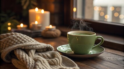 Fototapeta premium Cozy warmth coffee and candles by the window