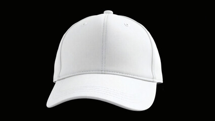 Fototapeta premium White baseball cap front view isolated on black background. Blank hat mockup for design template and branding.