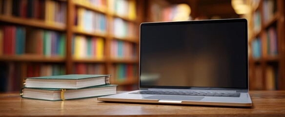 The laptop and books set in a serene library environment.