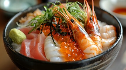 A rice bowl topped with fresh high quality seafood