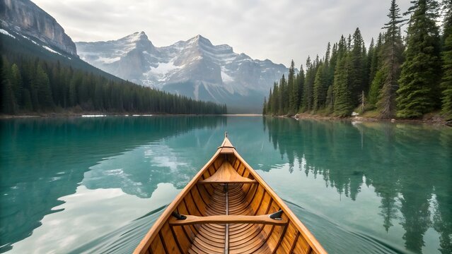 Canoeing on a serene turquoise lake towards majestic snow capped mountains