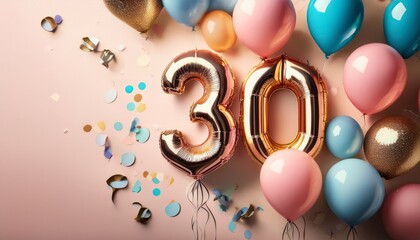 balloons and decorations for 30th birthday party celebration with colorful helium balloons and festive confetti on pastel background