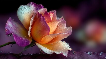 A beautiful bicolored rose with water droplets on its petals, showcasing its delicate beauty and vibrant colors in a soft, blurred background
