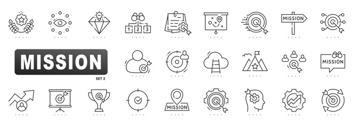 Mission outline icons for strategy, vision, goals and objectives, featuring targets, planning roadmaps, teamwork, leadership, growth; clean vector, editable stroke