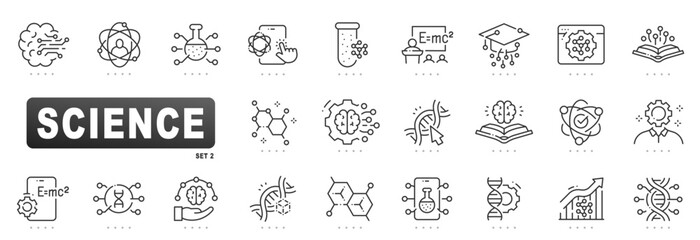 Science outline icons for research, laboratory experiments, chemistry, biology, physics, genetics, DNA, data analysis, education, innovation, technology, molecule editable stroke