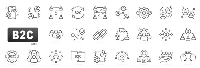 B2C outline icons for consumer ecommerce marketing and sales, showcasing conversion, targeting, loyalty, delivery logistics, mobile, global, analytics, editable stroke