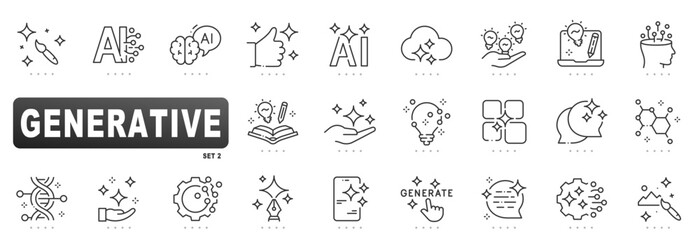 Generative AI outline icon set showcasing creativity, design, idea lightbulb, neural network, automation, cloud, chat, mobile, vector, editable stroke, workflow
