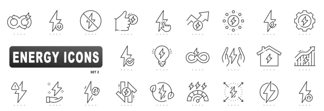 Outline energy icon set with electricity, power, renewable, efficiency, grid distribution, safety, home usage, optimization, editable stroke, battery monitoring