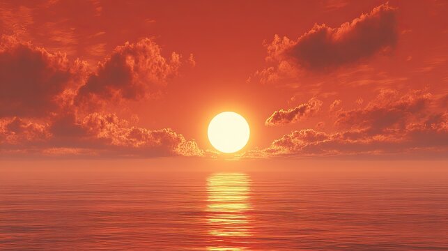 A red sunset over the ocean with the sun in the foreground, an orange sky, and a clear reflection on the water create a warm and romantic atmosphere, perfect for poster or banner design.