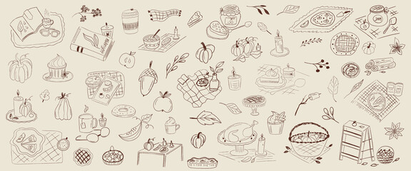 Autumn food whimsical clipart hand drawn crayon texture. Food autumn with pumpkin, leaf and cake. Cute sketch crayon hand drawn chalk simple line