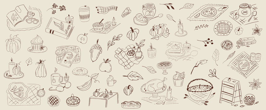 Autumn food whimsical clipart hand drawn crayon texture. Food autumn with pumpkin, leaf and cake. Cute sketch crayon hand drawn chalk simple line - Powered by Adobe
