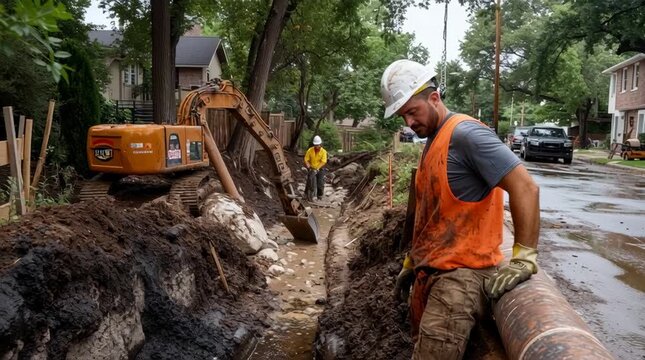 Utility Pipeline Installation and Repair in Residential Neighborhood with Heavy Equipment and Skilled Workers