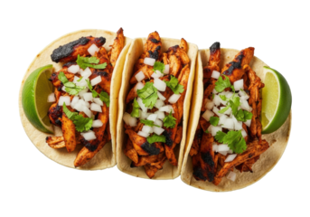 Two or three ultra-photorealistic Tacos de Pollo Asado with tender grilled chicken, fresh cilantro, diced onion, and lime on a clean transparent studio background, culinary desire concept