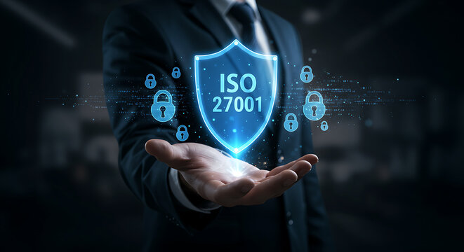 ISO 27001 Information Security Management System Certification Concept, Cybersecurity Compliance and Data Protection Standard
